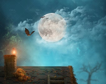 ZTHMOE Halloween Fotohintergrund Stoff – 2,1 X 1,5 M, Mit Gruseligem Vollmond, Kürbissen & Fledermäusen