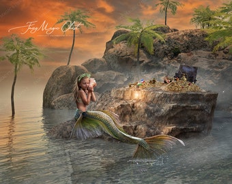 Mermaid digital background with tail included in the scene. Digital backdrop for photography. 2 versions.