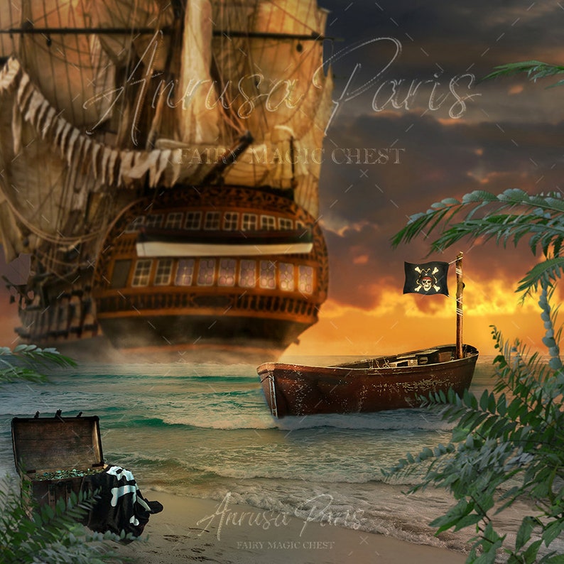 Pirate digital background ship and boat on the sea, beach digital backdrop digital prop for photography