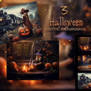 Digital Backgrounds Halloween , Bundle - 3 Digital Backdrops, cauldron, pumpkins, train. Instant Download