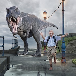 T Rex digital background . Dinosaur in the city. Digital backdrop for photography.