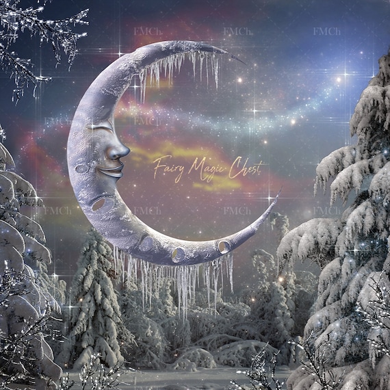 Sfondo digitale Luna d'inverno, Sfondo digitale invernale, Luna fantasy,  per fotografia composita -  Italia