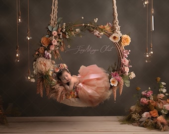 Newborn Digital Backdrop , floral boho swing, digital background for Composite photography. Baby girl