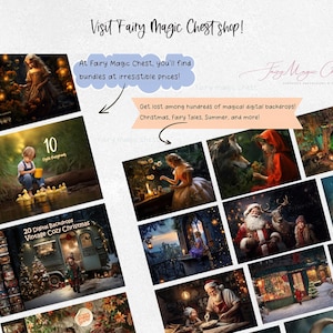 Puede incluir: Imagen promocional de la tienda Fairy Magic Chest, que muestra fondos digitales. La imagen presenta varios fondos tem&aacute;ticos, incluyendo Navidad, cuentos de hadas y escenas de verano. El texto incluye el nombre de la tienda y una llamada a explorar ofertas.