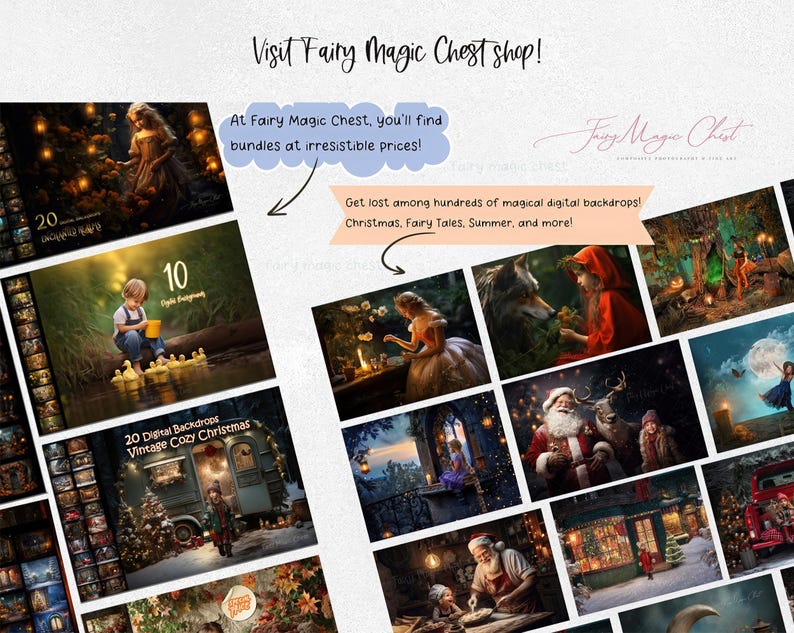 Puede incluir: Imagen promocional de la tienda Fairy Magic Chest, que muestra fondos digitales. La imagen presenta varios fondos tem&aacute;ticos, incluyendo Navidad, cuentos de hadas y escenas de verano. El texto incluye el nombre de la tienda y una llamada a explorar ofertas.