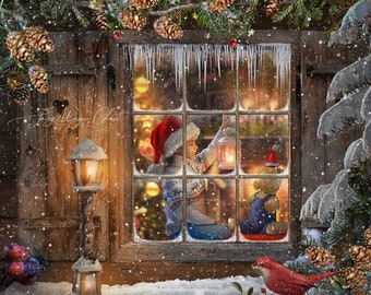 Christmas Window Digital Backdrop: Layered PSD, JPG, PNG Files