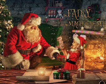 Christmas digital backdrop . Santa Claus with a gift on her hand, next to fireplace and Christmas tree, digital background for photography