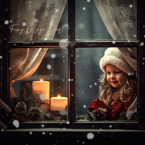 May include: A young girl wearing a white hat and red coat looks out a window at a snowy scene. Two lit candles are visible inside the window, and the text "Fairy Magic Effect" is written in the top left corner.