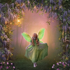 Flowers Fairy Digital Background / Lilacs Arch in Enchanted Forest / Digital Backdrop for Composite Photography