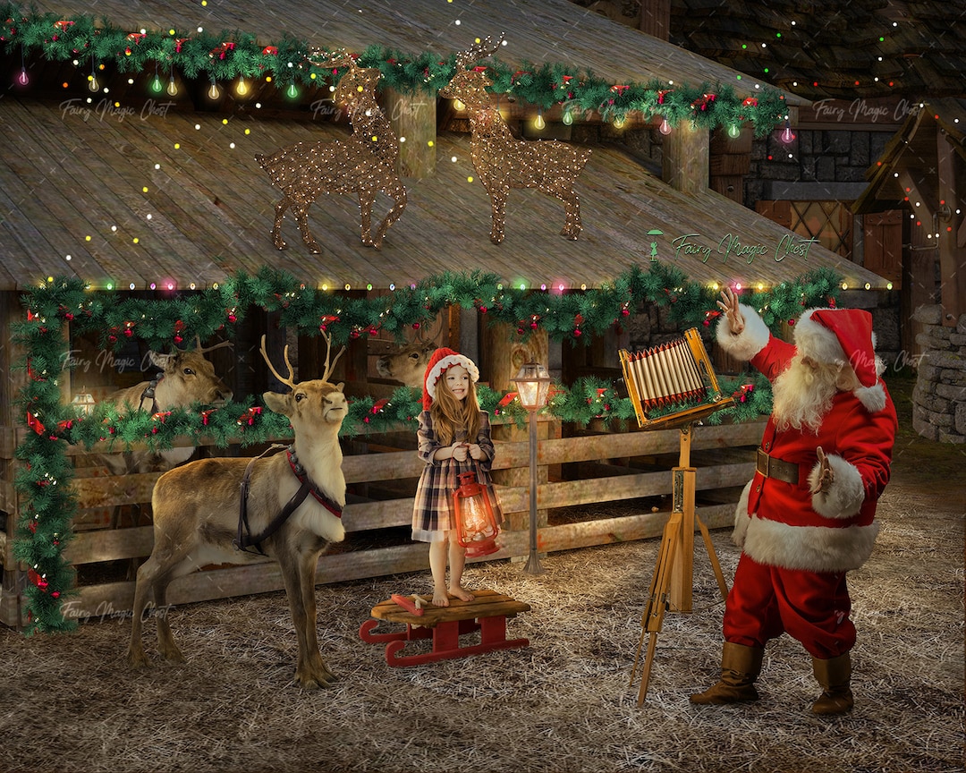 クリスマスのデジタル背景、サンタの馬小屋、サンタのトナカイ