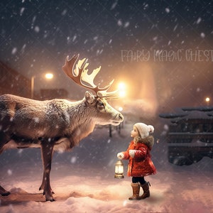 Reindeer in the Magical Night: Christmas Digital Background, Digital Backdrop for Photography. Instant download.