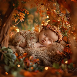 Può includere: Una neonata dorme serenamente in un nido di foglie autunnali e luci. Indossa un abito bianco di pizzo e una corona di fiori.