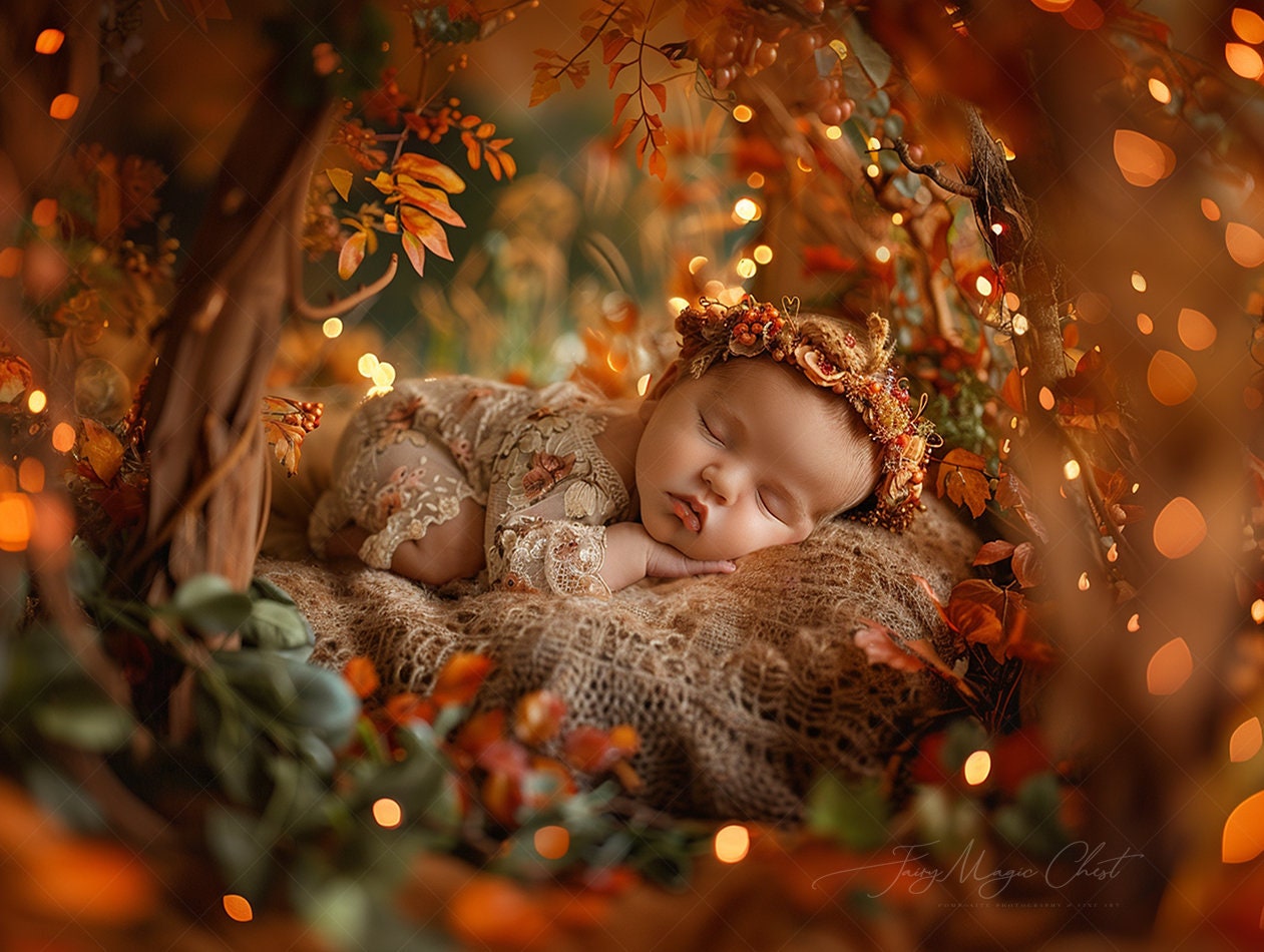 Fondo / Telón de fondo digital recién nacido de otoño.  Bokeh de cuento de hadas encantado. Niña y niño. Fotografía compuesta. Descarga digital.