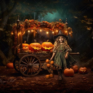 May include: A young girl dressed as a witch stands in front of a wooden cart decorated with fall foliage and pumpkins. The cart is lit with string lights and has a variety of pumpkins on display. The girl is holding a bunch of small pumpkins in her hand.