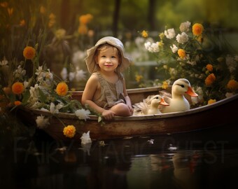 Ducklings on Boat Digital Backdrop: Summer Pond Photography (Instant Download)