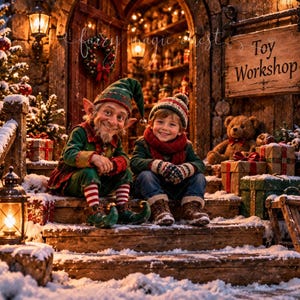 May include: A smiling elf in a green outfit and a child in a winter coat sit on snowy wooden steps in front of a Toy Workshop. The scene includes a lit lantern, wrapped gifts, a teddy bear, and a wooden sign reading Toy Workshop.
