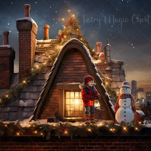 May include: A child in a red jacket stands on a snow-covered rooftop with a snowman and a lantern. The rooftop is decorated with Christmas lights and greenery. The text "Fairy Magic Chest" is visible in the upper right corner of the image.