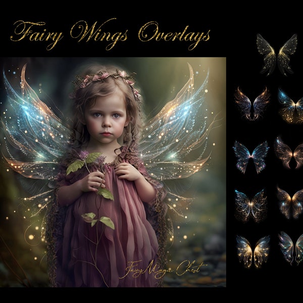 Nakładki Fairy Wings, nakładki Photoshop. Magiczne cyfrowe skrzydła, błyszczące, opalizujące, z czarodziejskim pyłem. Fotografia. Natychmiastowe pobieranie
