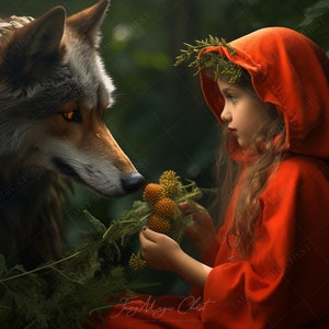 May include: A young girl wearing a red hooded cloak and a flower crown looks at a wolf with glowing eyes. The wolf is looking at the girl and a cluster of orange berries in her hand.