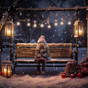 Puede incluir: Una niña pequeña con un gorro y abrigo de invierno se sienta en un banco de madera decorado con luces parpadeantes y nieve. El banco está rodeado de decoraciones navideñas, incluyendo adornos rojos y un pequeño árbol de Navidad.