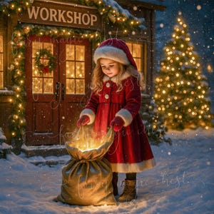 May include: A young person in a red Santa suit and hat stands in the snow, holding open a glowing sack. Behind them is a workshop with the word "WORKSHOP" above the door, decorated with lights and a wreath. A Christmas tree is lit up in the background.