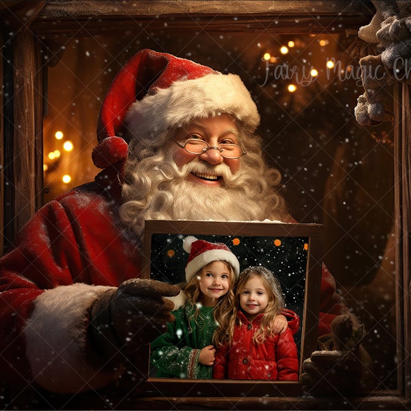 Santa with a Photo Frame Digital Background, Christmas Digital Backdrop for Photography. Instant download.