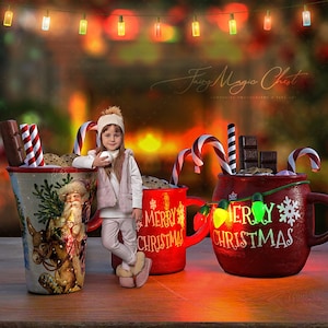 Christmas digital background. Digital backdrop. Christmas mugs red and vintage , with candy canes, sweets and lights.