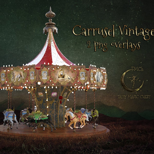 Carrousel png superposition , carrousel vintage , 2 superpositions numériques sur fond transparent