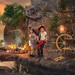 Piraten Strand Digital Backdrop: Lagerfeuer, Schatztruhe (Digitaler Download)