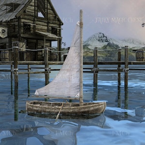 Digital backdrop, boat in pirate dock, day scene, digital background for photography