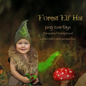 Peut inclure: Un enfant portant un chapeau d'elfe vert et marron avec un motif de feuilles. Le chapeau est un calque numérique avec un fond transparent. L'image est intitulée "Forest Elf Hat png overlays".