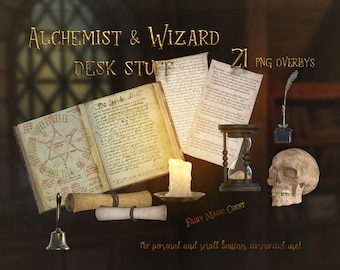 Wizard Alchemist Desktop PNG Overlays: Books, Skull, Hourglass (21 Files)
