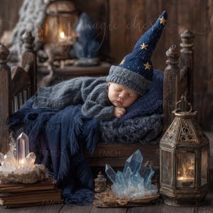 Magical Wizard Bed Backdrop, Halloween Newborn Digital Background, Crystal Nursery Scene, Instant download