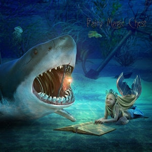 Digital backdrop for photography. Shark with lantern. Mermaid digital background for composite photography.