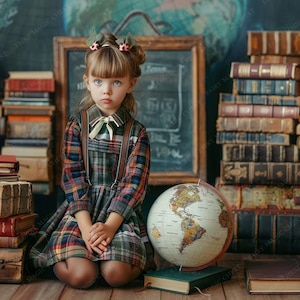May include: A young girl wearing a plaid dress and a headband with flowers sits in front of a stack of books and a globe. The globe is a light brown color with a map of the world on it. The girl is looking at the camera.