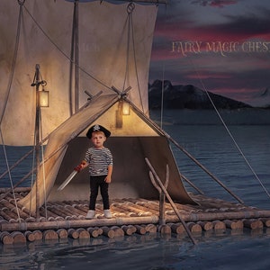 Digital backdrop with raft for pirate and adventurer, digital background for photography