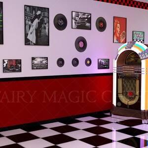 Retro Music Box Digital Background . Vintage Diner, Bar 50s . Digital ...