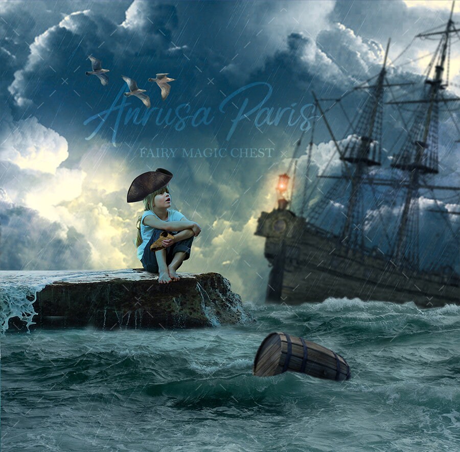 Pirate digital background ship and boat on the sea, beach digital backdrop digital prop for photography