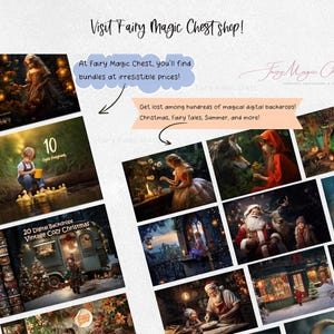 May include: A collage of digital backdrops for photographers, featuring a variety of themes, including Christmas, fairy tales, summer, and more. The text "Visit Fairy Magic Chest shop!" and "At Fairy Magic Chest, you'll find bundles at irresistible prices!" is visible in the image.
