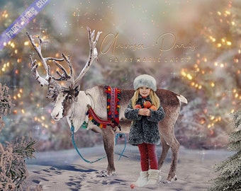Fondo digital de renos navideños: Escena nevada, superposición de nieve (JPG)