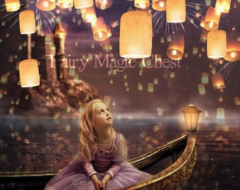 Digital Backdrop floating lanterns, fantasy background / prop , Rapunzel fairytale , for composite photo. Instant download.