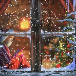 May include: A child wearing a Santa hat sits by a window looking at a tablet. The window is covered in snow and frost. Outside, a robin sits on a branch of a snow-covered Christmas tree.