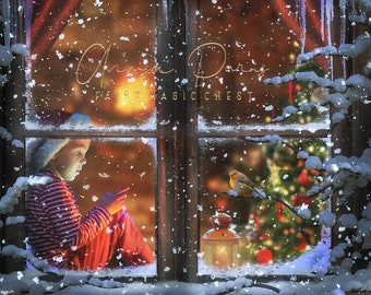 Christmas Digital Background Window , snowy scene digital Backdrop . Back interior, glass , Window & Snow overlays to place over your model.