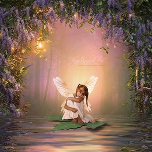 Fairy Digital Background / Magical Pond/ Lilacs Arch in Enchanted Forest / Digital Backdrop for Composite Photography