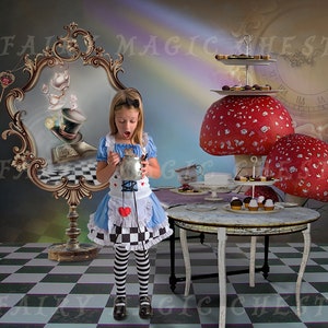 Digital Background for Photography. Alice&#39;s adventures in Wonderland, surrealist scene with glass, table and big mushrooms. Digital Backdrop