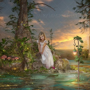 Digital Background. Enchanted Forest at sunset. Fireflies on the Tree by the Pond. Digital Backdrop for Composite Photography.