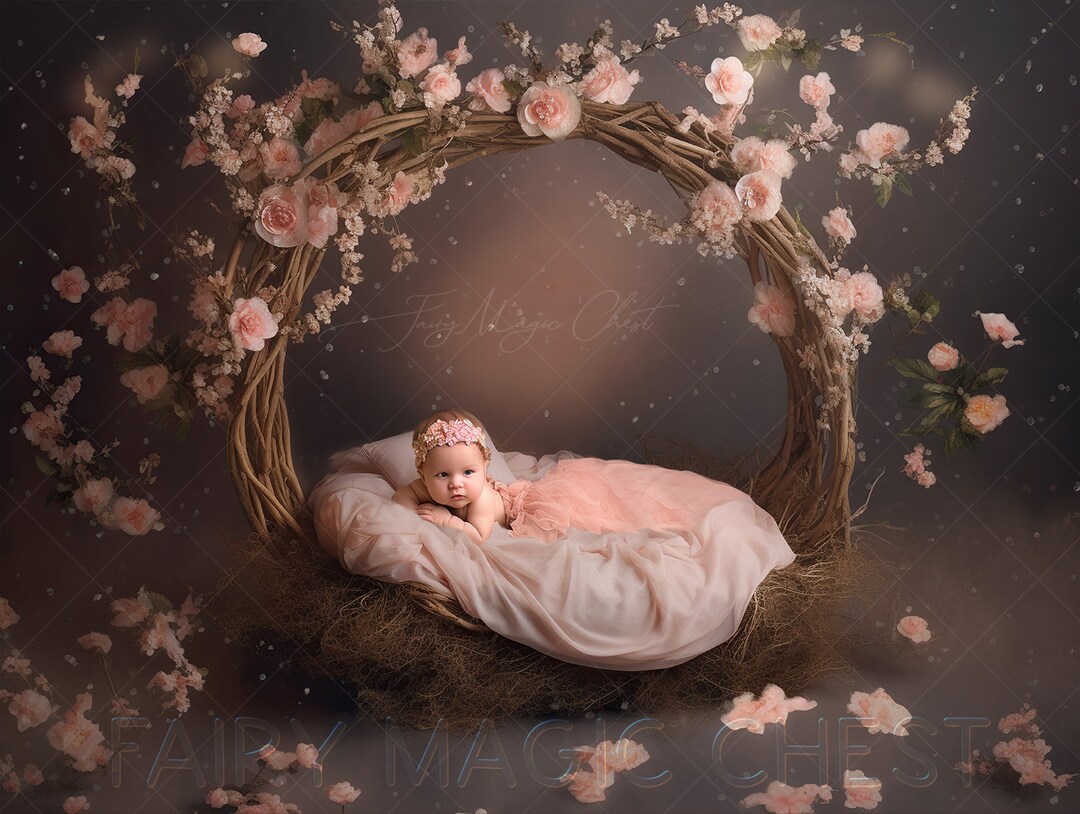 Newborn Digital Background , Backdrop, Wooden Baby Bed With Pink Roses