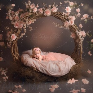 Fond numérique nouveau-né, toile de fond, lit de bébé en bois avec roses roses, pour la photographie nouveau-né. Bébé fille , Accessoire photo numérique
