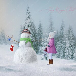 Christmas digital background with snowman. Digital backdrop for photography. Snowy scene.
