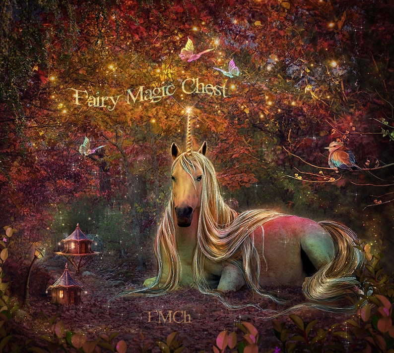 Unicorn digital background, rainbow colors, enchanted forest with fairy houses and sparkles, magical place, fantasy backdrop for photography image 2